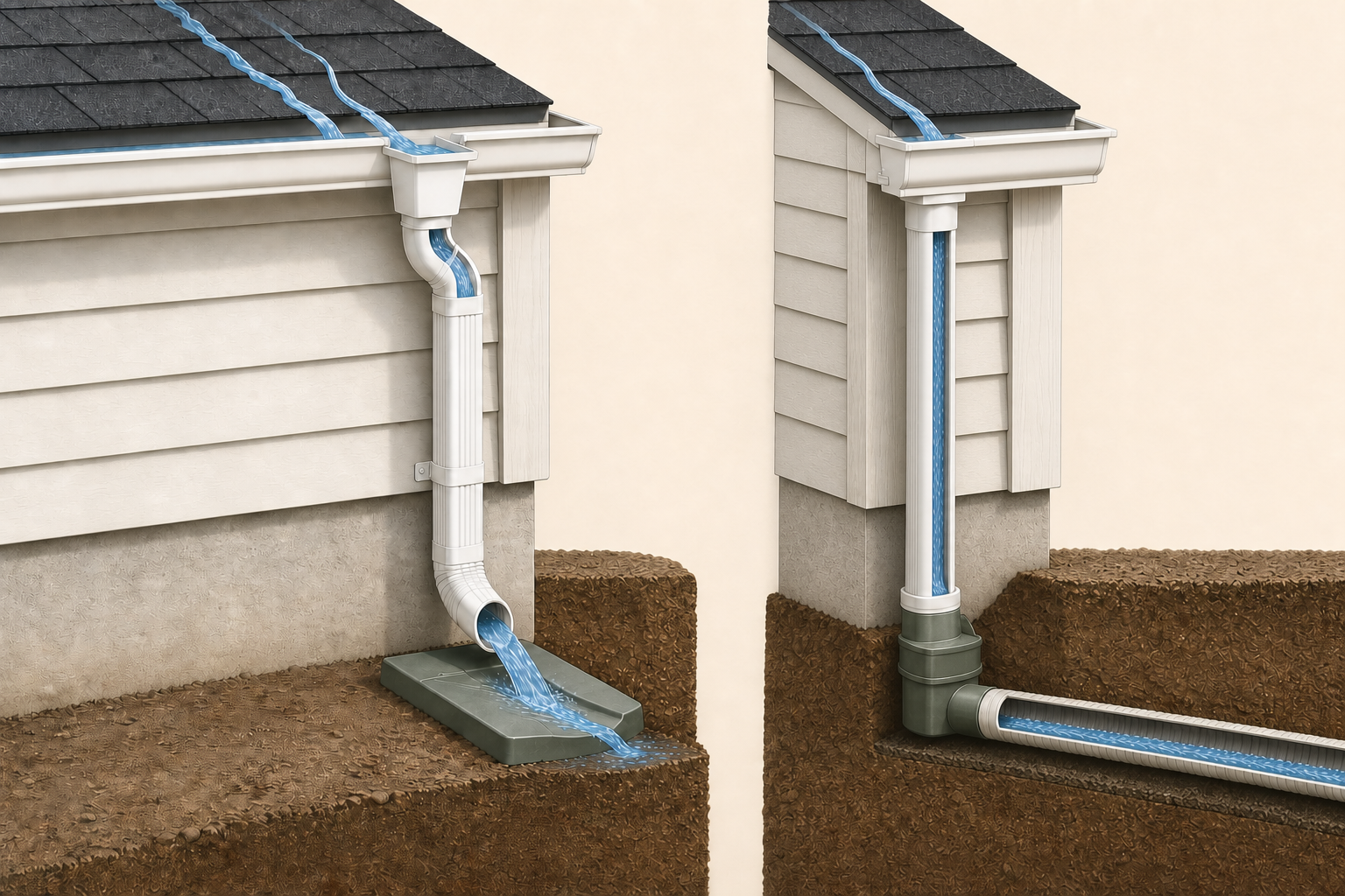 Cutaway comparison of a downspout discharging above ground onto a splash block and a downspout connected directly to a buried drain line